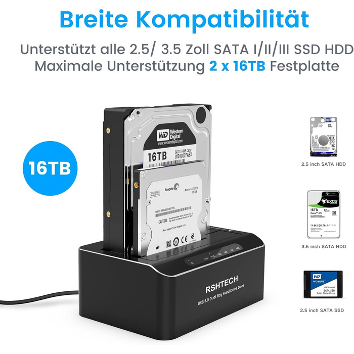 Док-станція для жорстких дисків RSHTECH з двома відсіками, USB 3.0, алюміній, підтримка 2.5/3.5