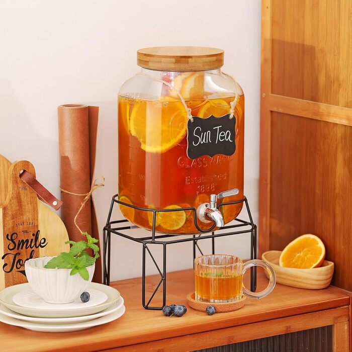 Скляний диспенсер для напоїв 7.6L зі стійкою, з нержавіючою сталею та бамбуковим кришками, для вечірок та свят