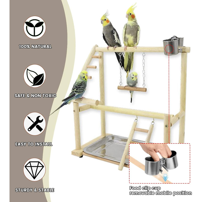 Budgie Playground Bird Playground with Feeder Cup Toy, Ladder, Climbing, Swing, and Tray for Canaries, Parakeets, Budgies, Wood, Size 45x37x26 cm #A (Wood 006)