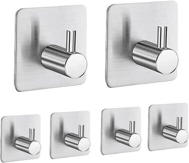 Набір гачків для рушників 6 шт. самоклеючі, з нержавіючої сталі, без свердління, для ванної, туалету, кухні, офісу (сріблясті)