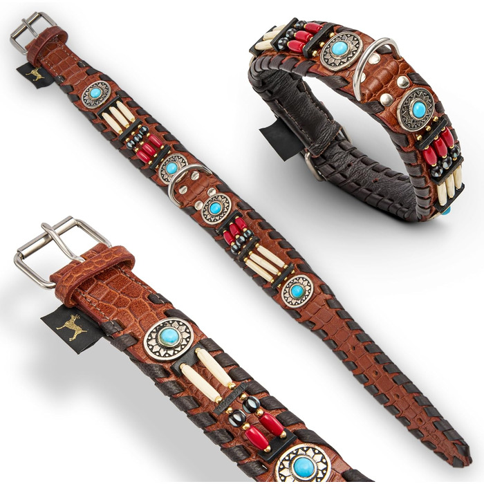 Ошийник для собак MICHUR Carlota, шкіряний, коричневий, з бірюзовими каменями, різні розміри (24-28,5 см)