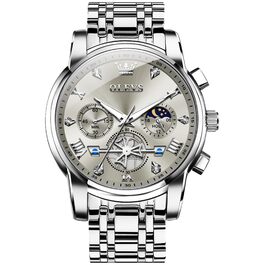 Годинник чоловічий OLEVS Chronograph, водонепроникний, кварцовий, аналоговий, з нержавіючої сталі, великий циферблат, сірий циферблат, срібний браслет