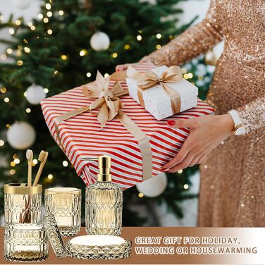 Набір аксесуарів для ванної кімнати з 5 предметів, золото, скло: диспенсер для лосьйону, мильниця, тримач для зубних щіток, стакан, ватні палички. Сучасний дизайн, вінтажний подарунок