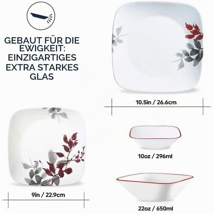 Сервіз Corelle Kyoto Leaves на 4 особи, 16 предметів: набір посуду (8 тарілок, мисок), білий, ударостійкий та стійкий до сколів