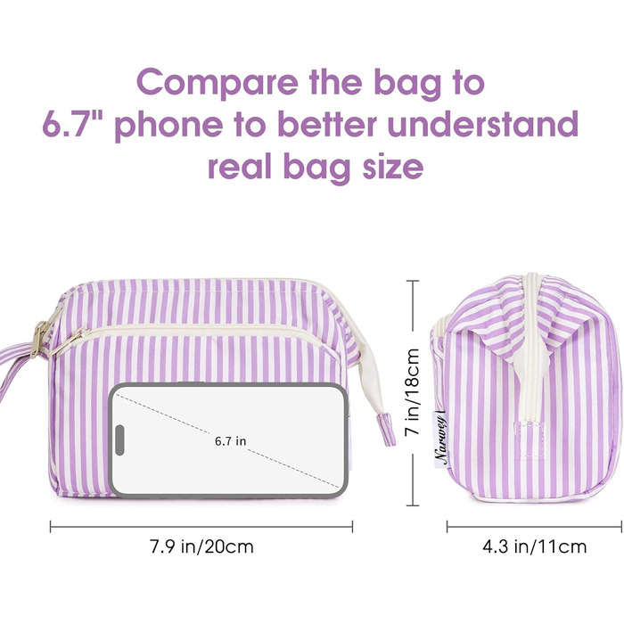 Косметичка жіноча Narwey для подорожей: велика, з широким відкриванням (сіро-блакитний з фіолетовими смужками)