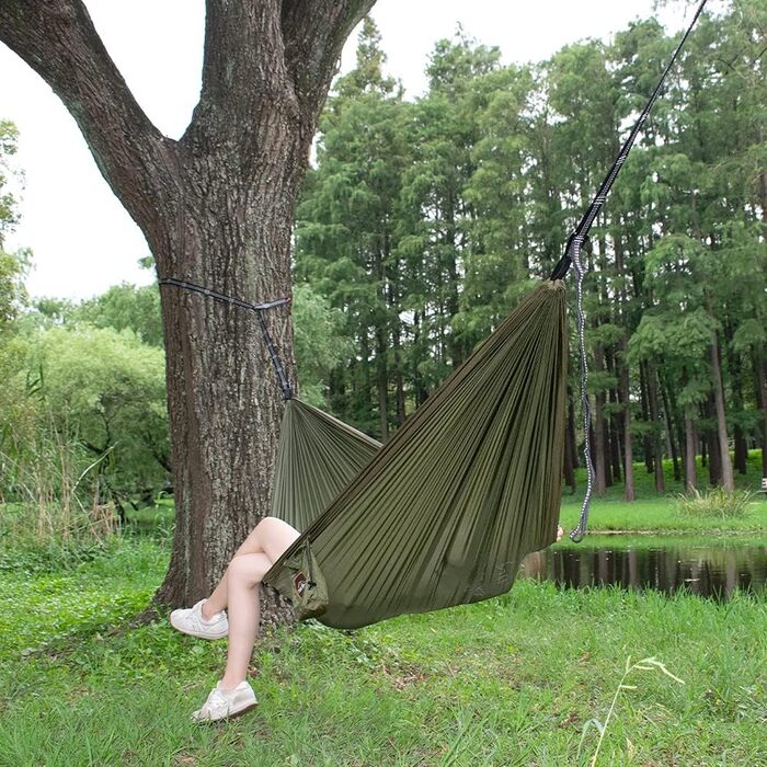 AnorTrek Camping Hammock, super-light portable parachute hammock with two tree straps, single or double nylon tree hammock, Blue & Dark Blue (Army Green & Khaki, 300 x 200 cm)