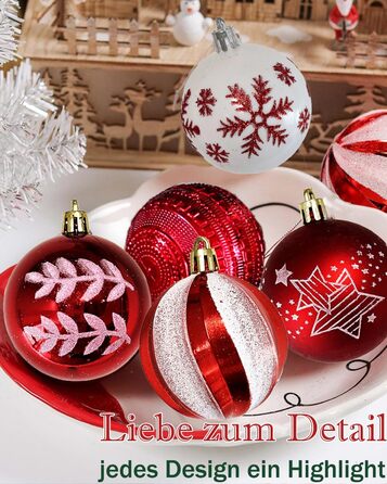 Набір прикрас на ялинку 40 шт. червоно-білі, 6 см, пластикові, з підвісками, небрудні, різноманітні поверхні та візерунки, для внутрішнього та зовнішнього використання