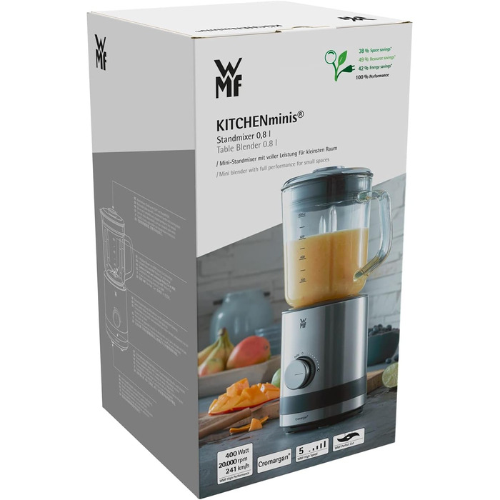 WMF Kitchen minis Compact Mixer, Mini Stand Mixer, 400 Watt, Small Stand Mixer, 0.8 l Glass Container, Pulse Function, Cromargan Matt Single