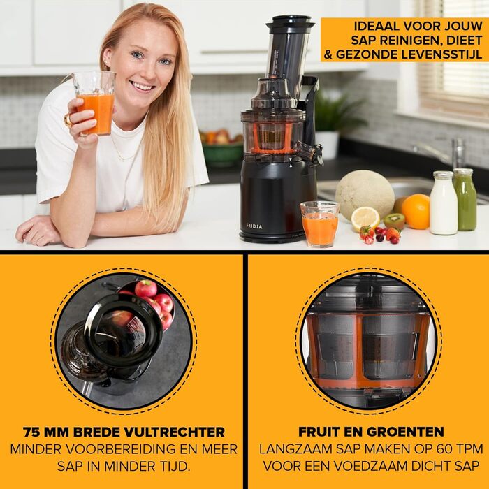 Fridja High-Performance Juicer for Whole Fruits and Vegetables, Sorbet, Ice Cream, 75mm Feed Chute with Wide Mouth, BPA-Free, 240 Watts, Cold Press, Black Stainless Steel f1900, Black