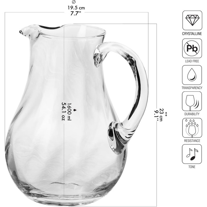 Krosno - Water Pitcher Glass Pitcher 1600 ml Romance Collection - Crystalline Glass Wine Carafe Red Wine Water Carafe Carafe for Drinks Glass Carafe Water and Juices Whisky Ice