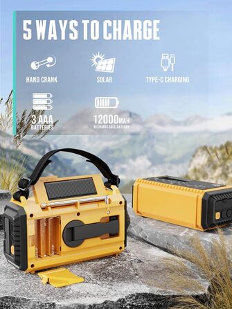 Радіо на батареї 12000mAh з ручним генератором та сонячною панеллю | AM/FM/SW, SOS, USB-C, IPX4, ліхтарик, для кемпінгу та відпочинку на природі, жовте