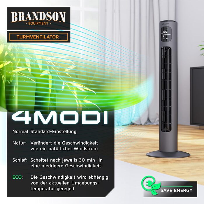 Brandson ECO Tower Fan - Silent DC Motor, 12 Speed, Remote Control, Timer, Energy Efficient, Cool Grey