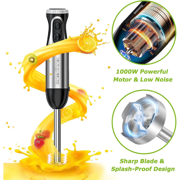 Bonsenkitchen Immersion Blender, 4-in-1 Electric Stick Blender, 1000W Variable Speeds, Stainless Steel, Whisk, 500ml Chopper and 700ml Measuring Cup for Baby Food, HB3203 (Black)