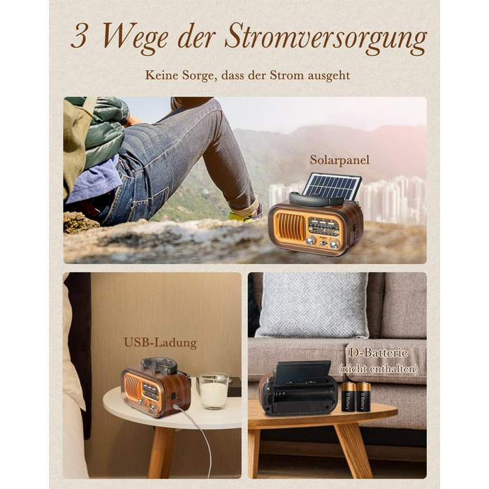 Вінтажне радіо Prunus J-150 AM/FM/SW з Bluetooth, USB/TF, сонячною панеллю та акумулятором 1200 mAh