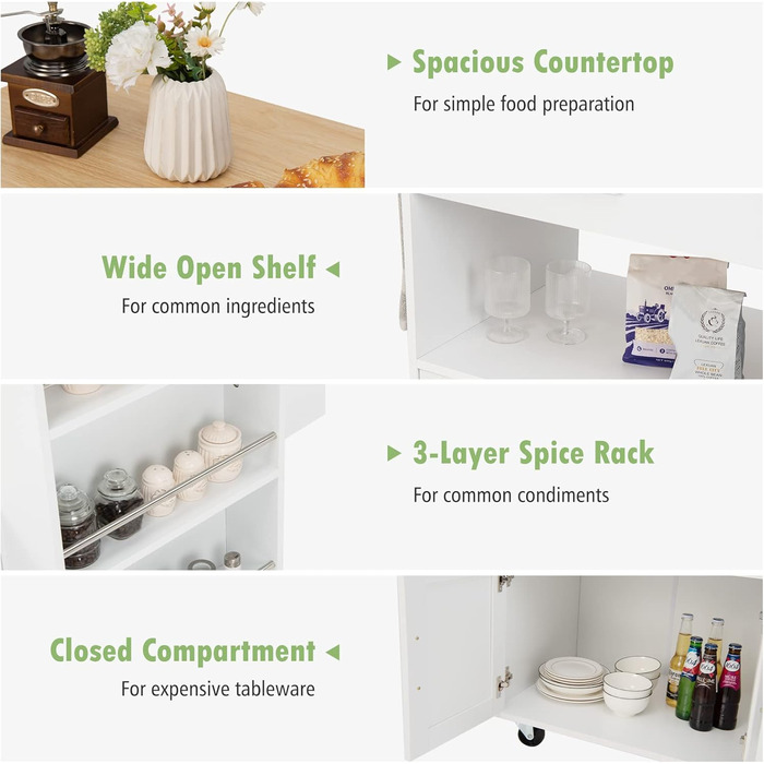Giantex Rolling Kitchen Cart with Drop Leaf Top, Kitchen Island with Storage, Mobile Kitchen Island Wood, Kitchen Storage Cabinet Serving Cart with Drawer & 3 Shelves (White)