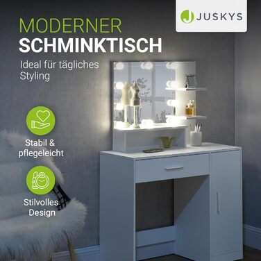 Туалетний столик Juskys Zoey з LED підсвіткою, дзеркалом, шухлядою, 3 відділеннями та шафкою, 90x38x137 см, білий, дерев'яний косметичний стіл