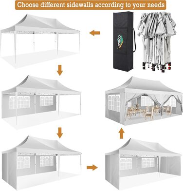 COBIZI Pavilion 3x3 Waterproof Stable Winter-Proof Party Tent 3x3 with 4 Side Walls Pop Up Folding Pavilion UV Protection 50+ Garden Pavilion With Handbag, 8X Pegs and 4X Wind Rope, (White, 3x6 m)