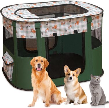 Складана огорожа для собак, вольєр для цуценят, переносний вольєр для тварин, вольєр для цуценят для дому, складаний вольєр для кошенят, собак, кроликів, XL (Темно-зелений), 110 * 85 * 58 см