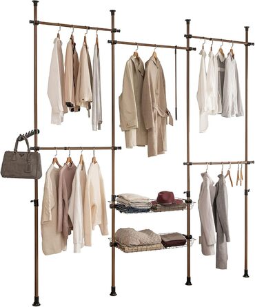 SoBuy KLS04-SCH Telescopic Clothing Rail with 5 Garment Rails and 2 Baskets Telescopic Wardrobe System Adjustable Shelf System B (209-311) x H (200-285) cm (Brown)