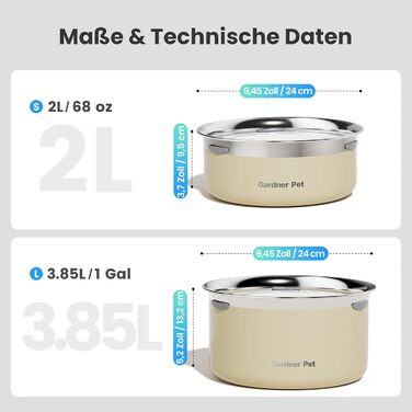 Миска для води для собак Garder Pet без облизування, нержавіюча сталь, проти протікання, запобігає ковтання, для великих собак, для використання в приміщенні та на вулиці, (2л, білий)