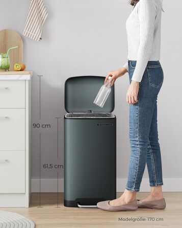Відро для сміття SONGMICS кухонне 30 л сталеве з педаллю, кришкою та внутрішнім відром, антрацит (LTB001A01)