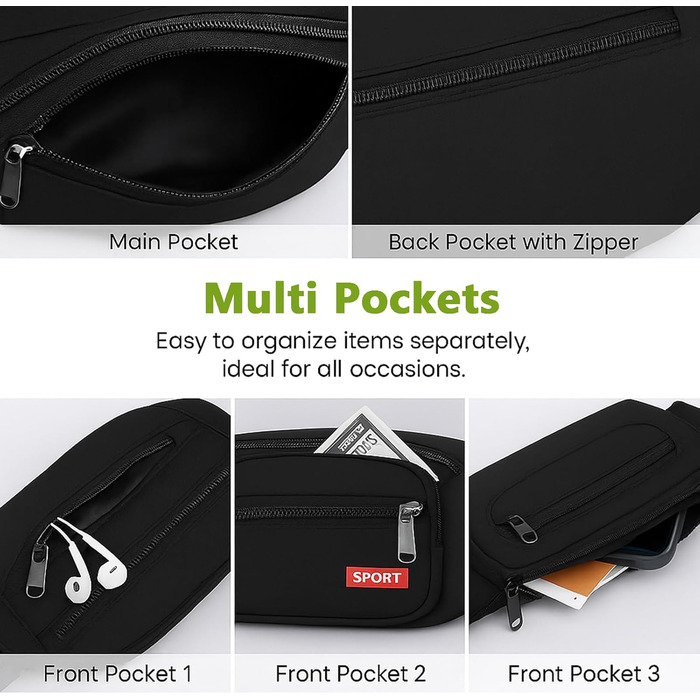 Гребельна сумка GraceTop для спорту та активного відпочинку. Чорна сумка на пояс з 4 кишенями на блискавці та регульованим ремінцем. Підходить для бігу, їзди на велосипеді, походів та кемпінгу. Водонепроникна.