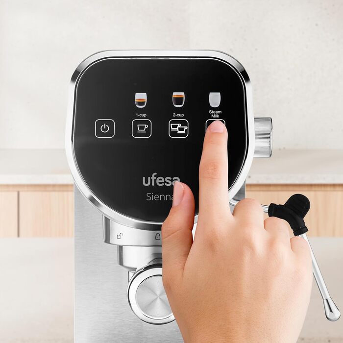Ufesa Sienna Espresso Machine and Cappuccino Portafilter Machine with Milk Frother, 20 Bar Pressure, Digital Touch Panel, 1360W, for Ground Coffee or ESE Pads, 0.9L Water Tank, Silver