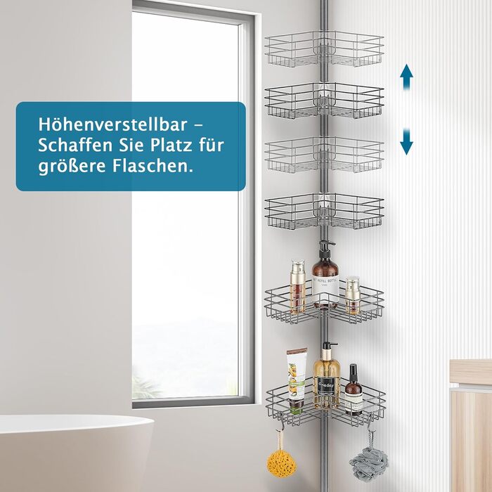 FIISAYL Shower Shelf No Drilling Telescopic Shower Rack Metal Corner Shelf Bathroom Shelf with 4 Shower Baskets, Height Adjustable 85-325cm, Suitable for Bathtub, Bathroom and Kitchen, Grey