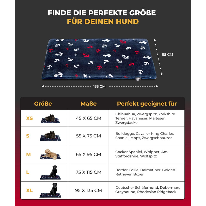Лежанка для собак XS (45x65 см) – неслизька та затишна з 3 см наповнювачем – ідеально для дивану, авто та переноски – Made in Germany (95 x 135 см, Анкер Блакитний)