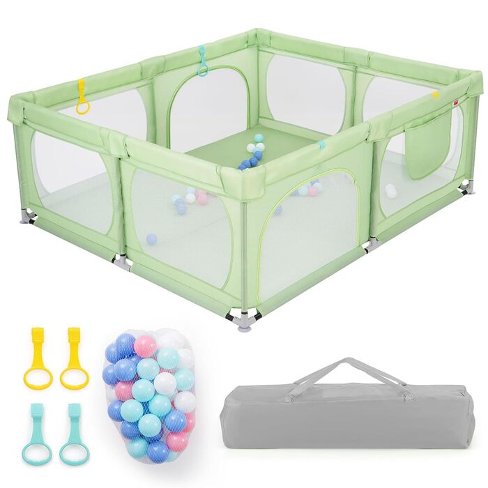 LIFEZEAL Playpen Baby 189 x 158 cm, Safety Play Area Children's Playpen with Super Soft, Foldable Baby Playpen made of Oxford Cloth with Handbag, 50 Ocean Balls, 4 Toddler Rings (Green)