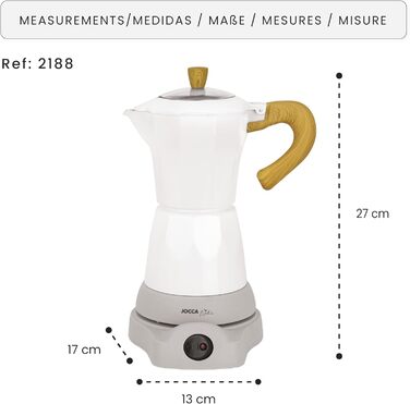 Jocca Electric Italian Coffee Machine Nature, 6 Cups Moka Pot, 300ml, Swivel Base, Cold-Touch Handle, Keep-Warm Function, White