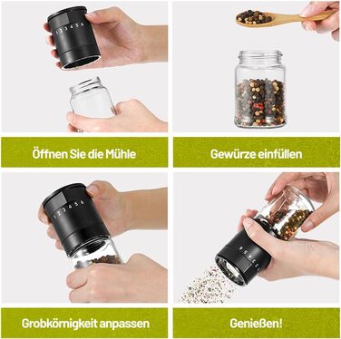 Набір з 2 перцемолок з керамічним механізмом та 6-ступеневим регулюванням – великі соляні та перцеві млини, чорний матовий, ручні, регульовані та з можливістю поповнення. Багатофункціональні