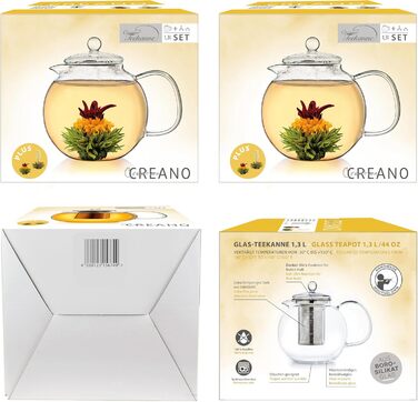 Скляна чайник Creano Teekanne 1.0л з 2 чайними квітами - з вбудованим нержавіючим фільтром та скляною кришкою, без розливання