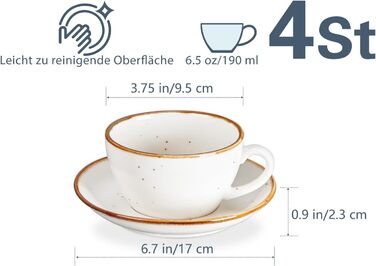 One more Cappuccino cups made of white ceramic, with saucers, 190 ml, espresso cups 4-piece set, for cafe and mocha, creamy white