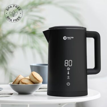 Balter Stainless Steel Kettle with Temperature Setting, 40°C-100°C, Double-Walled, BPA-Free, 1.7L, Black, WK-5-Touch (5 Temperature Levels, LCD)