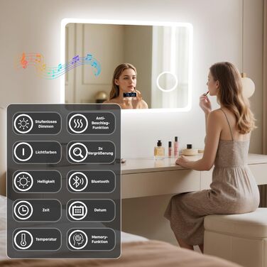 Дзеркало для ванної кімнати LUVODI з підсвічуванням 100x70 см: годинник, температура, дата, антизапар, регулювання яскравості, 3 кольори світла, функція пам'яті, LED, водонепроникність (60L x 80B см, 3x лупа + Bluetooth)