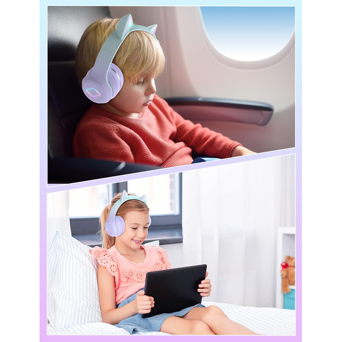 Бездротові навушники Bluetooth для дітей з LED-підсвіткою, котячими вушками та мікрофоном, HD Stereo, складна конструкція, регульоване наголов'я, для дівчаток, фіолетовий колір