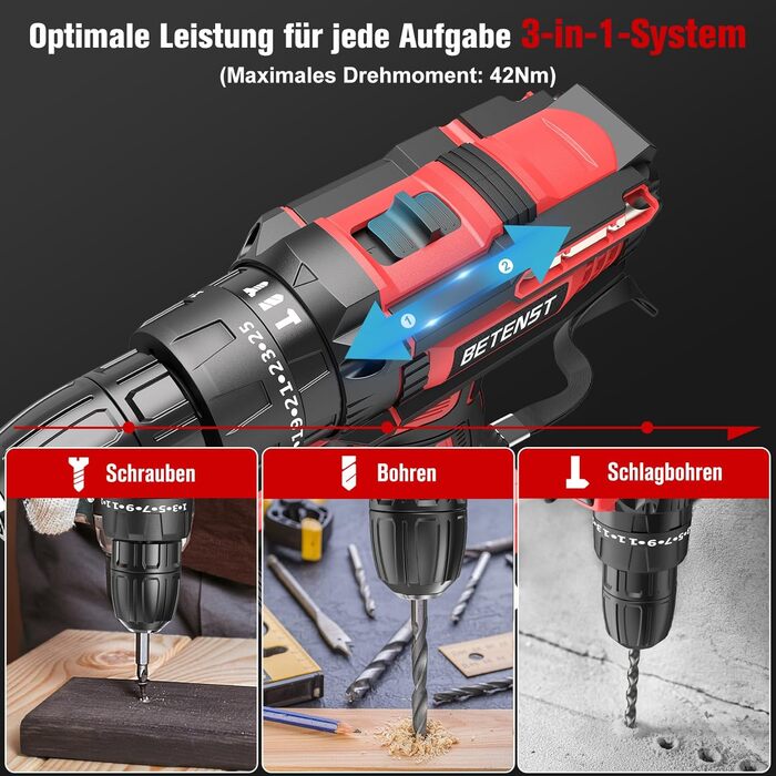 Акумуляторний дриль-шуруповерт BETENST 21V з 2 акумуляторами 2.0Ah, 42Nm, 25+3 ступені крутного моменту, 2 швидкості, LED-підсвічування, 30-ти елементний набір для дому, саду та DIY проектів