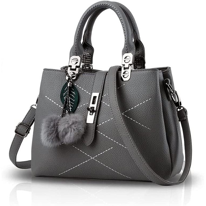 Сумка жіноча шкіряна NICOLE & DORIS 2025 чорна/сіра з помпоном та знімним ремінцем