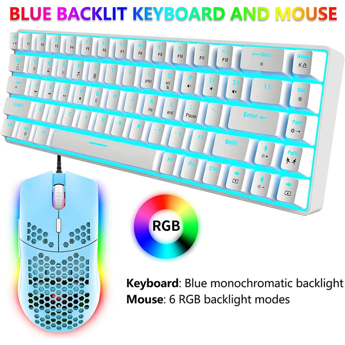 RGB ігровий комплект клавіатури та миші: компактна клавіатура 68 клавіш з червоним перемикачем, миша 6400DPI з програмуванням, сумісна з Windows, Mac, PS4, білий (BlueSwitch CoolBlue Backlit Keyboard White + Green Mouse)