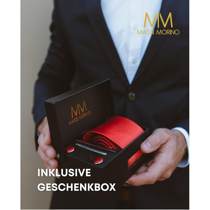 Комплект чоловічий Massi Morino: краватка, нагрудна хустка, запонки, голка для краватки, подарункова коробка - червоний колір, універсальний розмір, ідеально для весілля