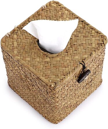 BSTKEY Household Cube, Seagrass Face Towel Box, Decorative Woven Paper Holder, Original Color, Yellow, 35.6 x 35.6 x 33 cm
