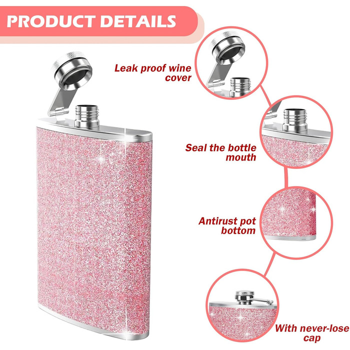 Набір фляг з нержавіючої сталі, рожевий, 8oz/240ml. Фляга з нержавіючої сталі та 2 склянки для шотів. Ідеально для подорожей, вечірок та подарунків.