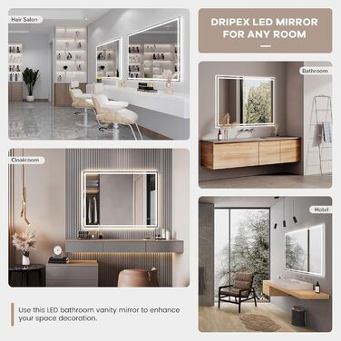 Дзеркало для ванної кімнати з LED-підсвічуванням Dripex, 50x70 см, сенсорне управління, протитуманне покриття, Bluetooth, розетка, 3 кольори світла