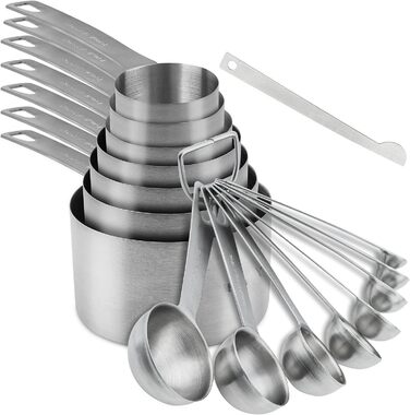 Measuring Cup and Spoon Set - 18 Piece, 18/8 (304) Stainless Steel, Robust Material - 7 Measuring Cups, 8 Measuring Spoons, 1 Leveler, 2 Rings