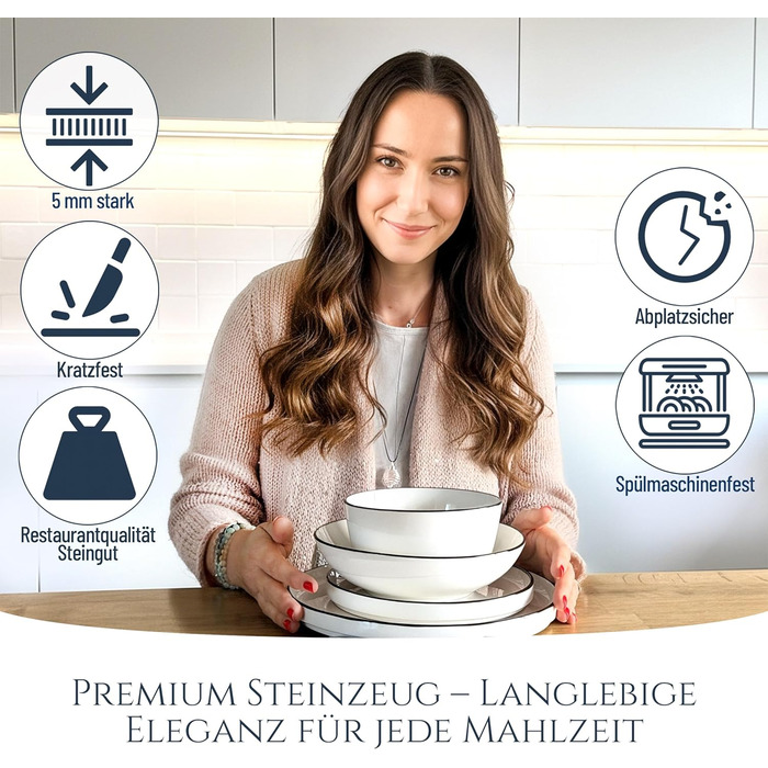 Набір посуду з порцеляни 48 предметів, 12 осіб, скандинавський стиль, білий з чорним обідком, Pure Living