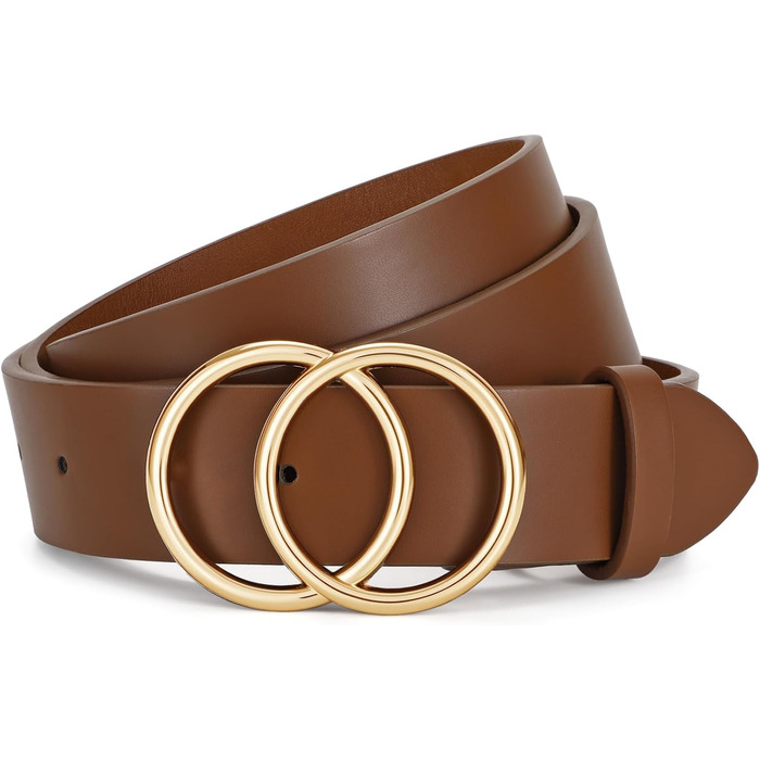 Жіночий шкіряний ремінь JasGood з подвійною кільцевою пряжкою для джинсів, штанів, суконь (колір: 5-кава, розмір M: 120 см, обхват талії 86-95 см)