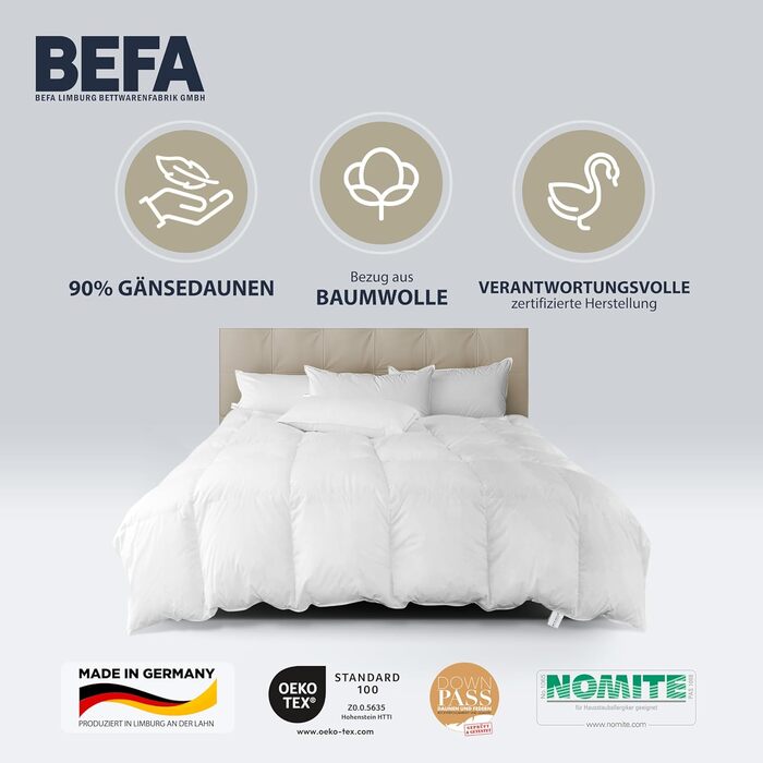 Ковдра з гусячого пуху BEFA NATUR 135x200 см, 90% пух, 10% перо, всесезонна, для алергіків, сертифікат OEKO-TEX 100, Downpass, Німеччина