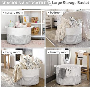TIMEYARD XXL Large Laundry Basket, Storage Basket, Children's Laundry Basket, Storage Basket for Toys Cotton Rope, Basket with Handles for Blankets and Pillows, 55x35cm, White with