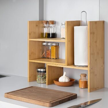 Navaris Acacia Desk Organizer 64x15.5x40 - Desk Shelf Organization System Adjustable - Corner Shelf for Kitchen Office Bathroom Shelf Attachment - Natural (Light Brown)